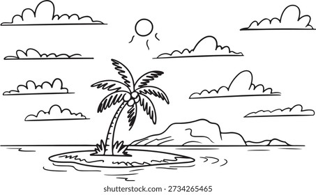 Minimalist black and white line drawing of a small tropical island with a single palm tree, mountains, sun, and fluffy clouds.