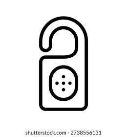 A minimalist black and white line drawing of a door hanger sign with a circular element and dots. Single Line Icon.