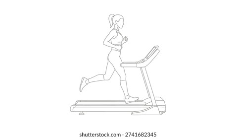 A minimalist black and white line drawing shows a woman actively running on a treadmill, highlighting a healthy and active lifestyle.