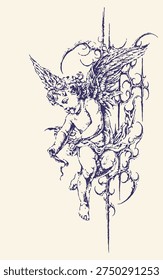 Minimalist black and white line drawing of detailed angel wings with graceful curves, ideal for spiritual, tattoo, or decorative design projects.