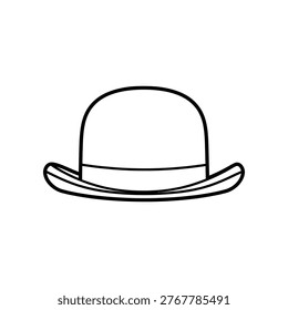 Minimalist black and white line drawing of a classic bowler hat, isolated on a white background, evoking a sense of timeless elegance and simplicity.