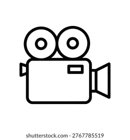 Minimalist black and white line drawing of a vintage film camera, showcasing classic design with two film reels and a lens, evoking nostalgia.