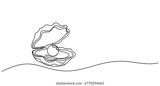 A minimalist black and white line drawing depicts an open oyster shell cradling a single, lustrous pearl, set against a stark white background with a gentle wavy line suggesting the sea below, embodying simplicity and natural beauty. Vector, illustration