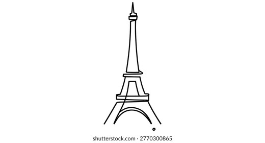 A minimalist black and white line drawing of the iconic eiffel tower structure isolated against a plain background. Vector, illustration