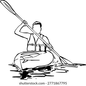 Minimalist black and white line drawing of a male kayaker wearing a life jacket paddling through calm water waves.