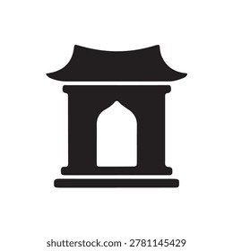Minimalist black and white line drawing of a cultural entrance structure with curved roof.
