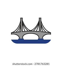Minimalist black and white line drawing of a contemporary suspension bridge spanning over calm blue water.