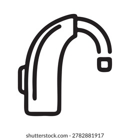 Minimalist black and white line drawing of a hearing aid device