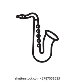 A minimalist black and white line drawing of a saxophone, showing its curved body and mouthpiece.