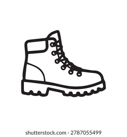 A minimalist black and white line drawing of a sturdy hiking boot, featuring laces and a rugged sole, ideal for outdoor adventure themes.