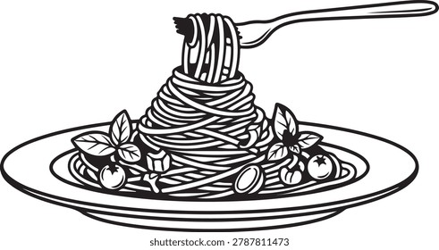 Minimalist black and white line drawing of a plate of spaghetti topped with sauce, garnished with herbs and tomatoes, served with a fork.