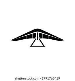 Minimalist black and white line drawing of a hang glider, showcasing its triangular control frame and wing structure, evoking a sense of adventure and freedom.