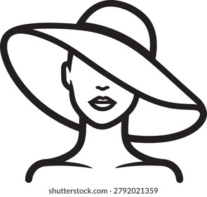 Minimalist black and white line drawing of a woman's face wearing a wide-brimmed hat, stylized as a silhouette.