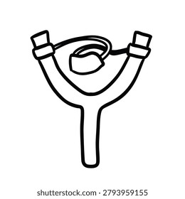 A minimalist black and white line drawing of a classic wooden slingshot toy or weapon isolated on a white background.