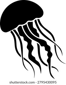 Minimalist black and white line drawing of a jellyfish with long tentacles, isolated on a plain background.
