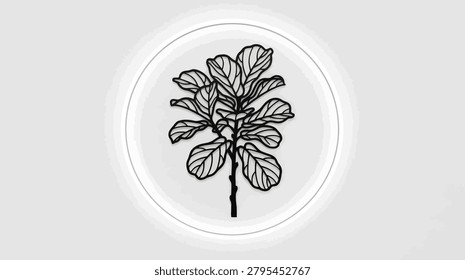 A minimalist, black and white line drawing of a fiddle leaf fig plant, enclosed within a circular border. Simple, elegant botanical art.
