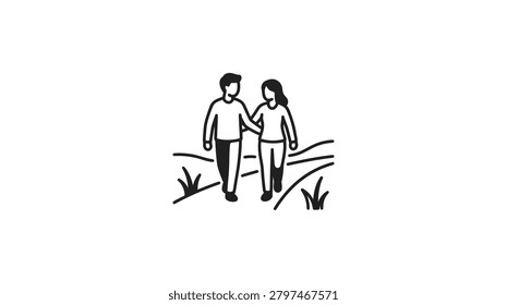 A minimalist black and white line drawing of a man and a woman walking side by side in a field