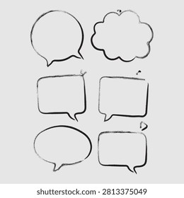 Minimalist black and white line drawing of six distinct speech bubble shapes for graphic design and communication use.