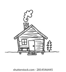 A minimalist black and white line drawing illustration featuring a small rustic log cabin with a chimney emitting smoke and a small evergreen tree.