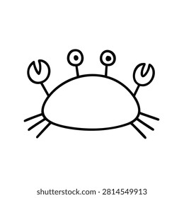 A minimalist black and white line drawing of a crab with simple eyes and claws, isolated on a plain background