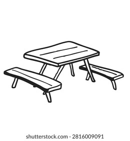 A minimalist black and white line drawing of a classic outdoor picnic table featuring a rectangular top and two integrated benches, isolated on a white background.