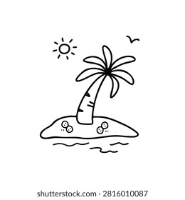 A minimalist black and white line drawing of a small desert island featuring a single palm tree, a sun, and a bird in the sky.