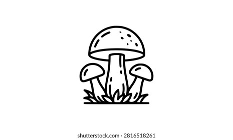 A minimalist black and white line drawing of three mushrooms in grass.