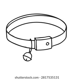 A minimalist black and white line drawing of a pet collar featuring a buckle and a hanging bell accessory isolated on a white background