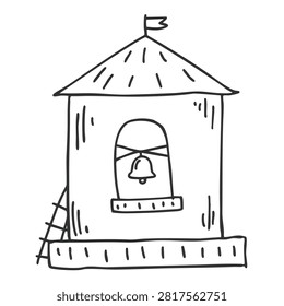 A minimalist black and white line drawing of a small bell tower featuring a bell inside an arched window and a ladder on the side