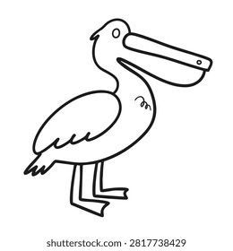 A minimalist black and white line drawing of a stylized cartoon pelican with a large beak and simple body features isolated on a white background