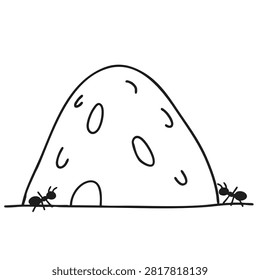 A minimalist black and white line drawing showing a small anthill with a tunnel entrance and two ants on either side