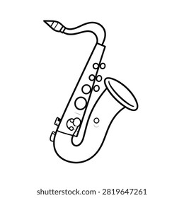 Minimalist black and white line drawing of a saxophone, highlighting its curved shape and key details, suitable for music and instrument themes.