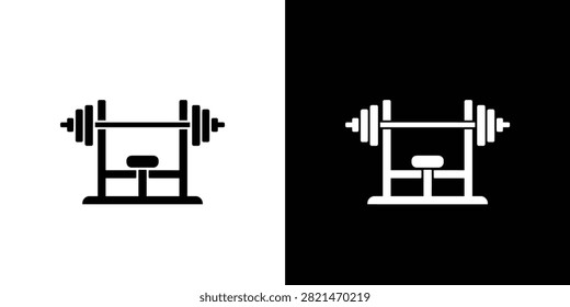 Minimalist black and white line drawing of a barbell resting on a bench press frame emphasizing gym fitness equipment design
