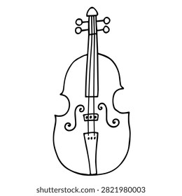 A minimalist black and white line drawing of a classic violin showing the neck strings body and f-holes on a plain background