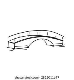 A minimalist black and white line drawing of a small arched footbridge over a body of water