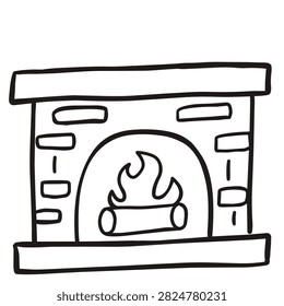 A minimalist black and white line drawing of a brick fireplace with a roaring fire and a log inside.