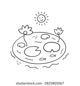 A minimalist black and white line drawing of a small pond featuring lotus flowers, lily pads, tiny fish, and a smiling sun shining above.