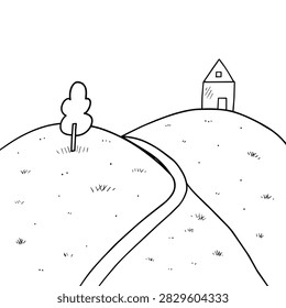 A minimalist black and white line drawing depicting a quaint house atop a hill, a lone tree, and a path winding through the rolling landscape.