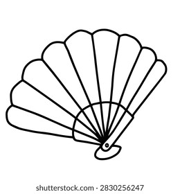 A minimalist black and white line drawing of a classic folding hand fan with simple clean contours