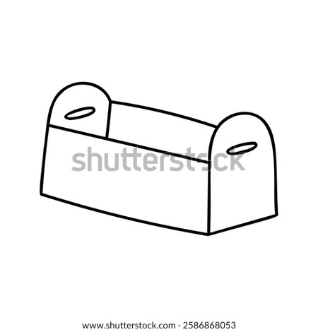 Minimalist black and white line drawing of a wooden storage box or toolbox with handles. Suitable for designs related to home organization, DIY projects, gardening, woodworking, and craft storage