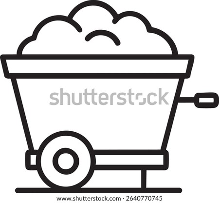 A minimalist black and white line drawing of a mining cart filled with material, showcasing a simple and clean design.