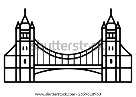 Minimalist black and white line drawing of the Tower Bridge in London, England. Iconic landmark illustration.