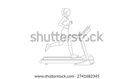 A minimalist black and white line drawing shows a woman actively running on a treadmill, highlighting a healthy and active lifestyle.