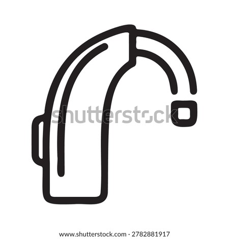 Minimalist black and white line drawing of a hearing aid device