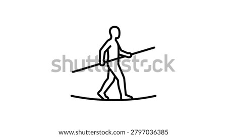 A minimalist black and white line drawing depicting a person walking carefully across a tightrope while holding a long balancing pole