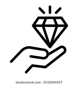 Ícone minimalista de linha preta e branca de uma mão segurando um diamante brilhante, representando valor, riqueza e serviço premium. Ilustração vetorial. Traçado editável.