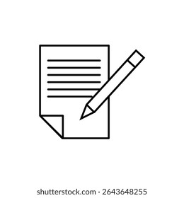 Minimalist black and white line icon of a document and pencil, symbolizing writing, editing, or note-taking. Perfect for web, apps, presentations, or educational and office-related design use.