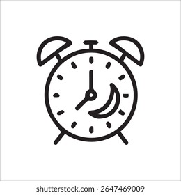 Ícone minimalista de linha preta e branca de um despertador com uma lua crescente em seu rosto representando a noite dormir hora de dormir ou um horário noturno.