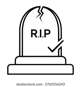 A minimalist black and white line icon featuring a cracked tombstone with RIP text and a checkmark symbol. Perfect for funeral home branding, cemetery maps, death notices, and memorial design projects.