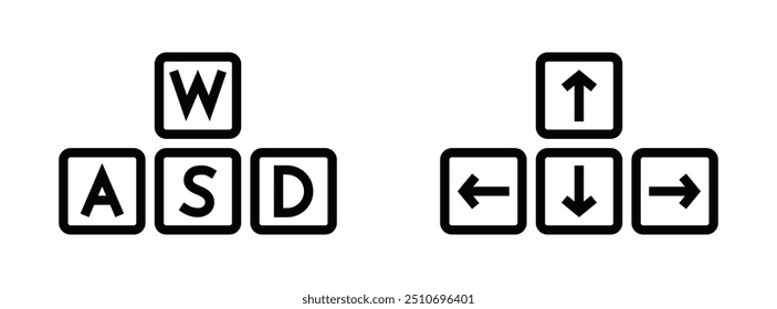 Iconos de línea minimalistas en blanco y negro de teclas de flecha y teclas WASD, que representan controles de juego y atajos de teclado. Ilustración vectorial. Trazo editable.